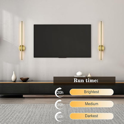 Battery Operated Modern Wall Sconces, Dimmable Wireless Wall Light Set of Two with Remote Control, 3 Color Temperatures, Rechargeable LED Wall Sconce for Bedroom, Living Room, Hallway, 27.6 Inch Brass