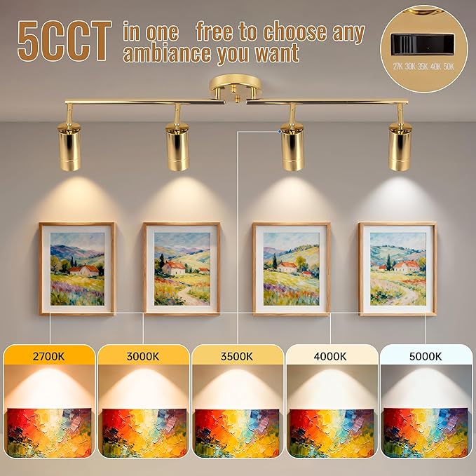 5Color LED Track Lighting Kit 4 Lights Dimmable 48W Track Light,Zoomable15°/24°/36°/45°/60°-2700K/3000K/3500K4000K/5000K,Track Lighting for Accent Task Kitchen,Lumen 4800 (Gold)
