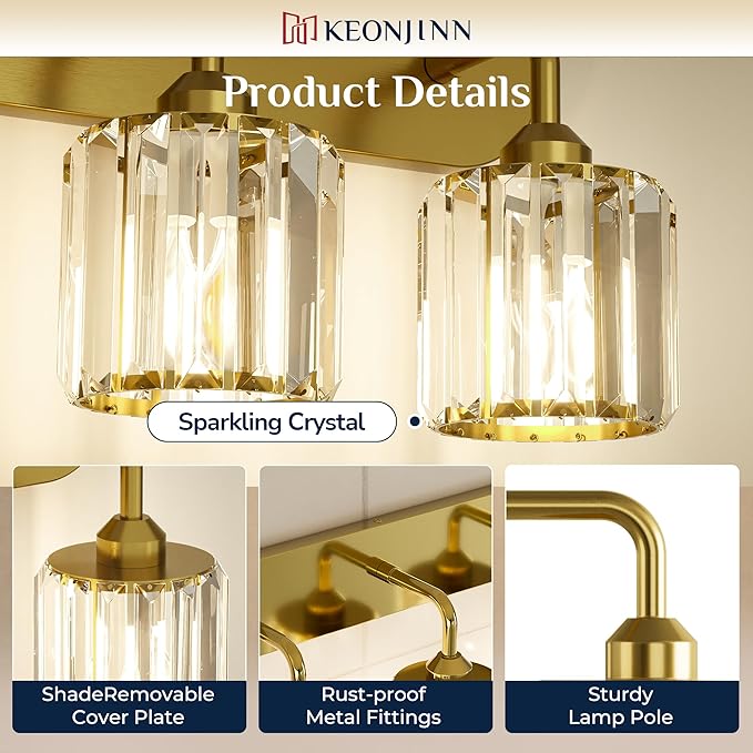 Keonjinn 5-Light Bathroom Light Fixtures, Crystal Gold Bathroom Vanity Lights Over Mirror, Vanity Lighting Fixtures with Crystal Square Shades (E26 Socket, Exclude Bulb)