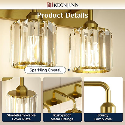 Keonjinn 4-Light Bathroom Light Fixtures, Crystal Gold Bathroom Vanity Lights Over Mirror, Vanity Lighting Fixtures with Crystal Square Shades (E26 Socket, Exclude Bulb)