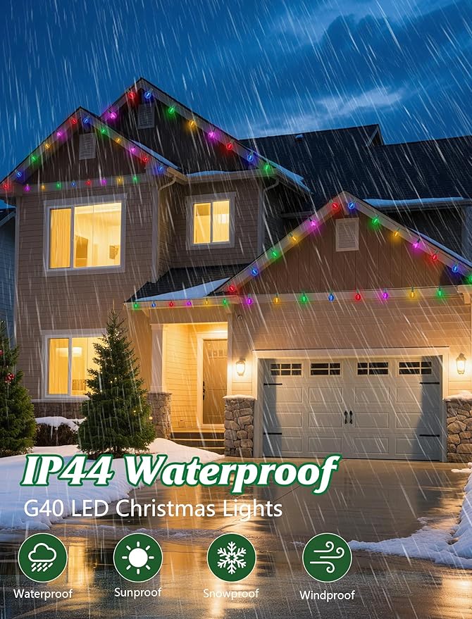 SUNSGNE G40 LED Christmas Globe String Lights, 50FT Shatterproof Round Colored Christmas Lights with 27 LED Clear Multicolor Bulbs(2 Spare) for Patio Balcony Roofline Garden Decor