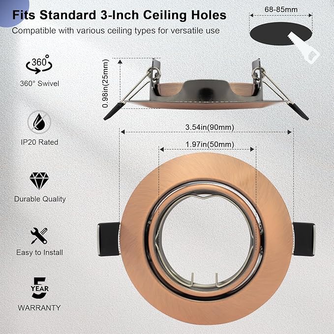 6 Pack Round Recessed Spotlights Trim Ring Fitting, Compatible with MR16 GU5.3 Bulbs, Outer Dia.90mm, Cut-Out Size 68-85mm, 360° Adjustable Holder for Under Cabinet,Antique Copper