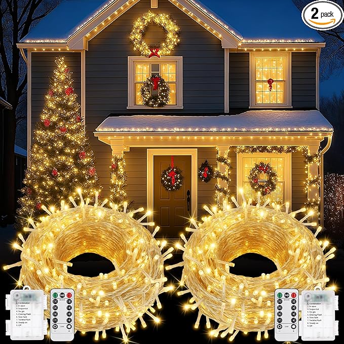 2Pack Christmas Lights Outdoor Battery Operated String Lights with Remote, Total 400LED 135Ft with Timer 8 Modes Waterproof Outdoor Indoor for Christmas Tree Decor, Warm White