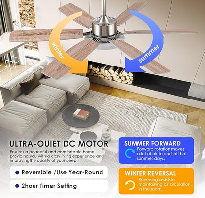 Hounberi 52 Inch Ceiling Fans with Lights and Remote, Modern Brushed Nickel Ceiling Fan with Light, Reversible DC Motor, Dual-Sided 6 Blades, 3CCT, Dimmable LED Ceiling Fan for Living room, Bedroom