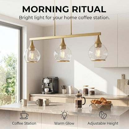 Kitchen Island Linear Pendant Light, 3-Light Gold Dining Room Chandelier with Clear Glass Globe Shades, Modern Linear Lighting Fixture Over Table