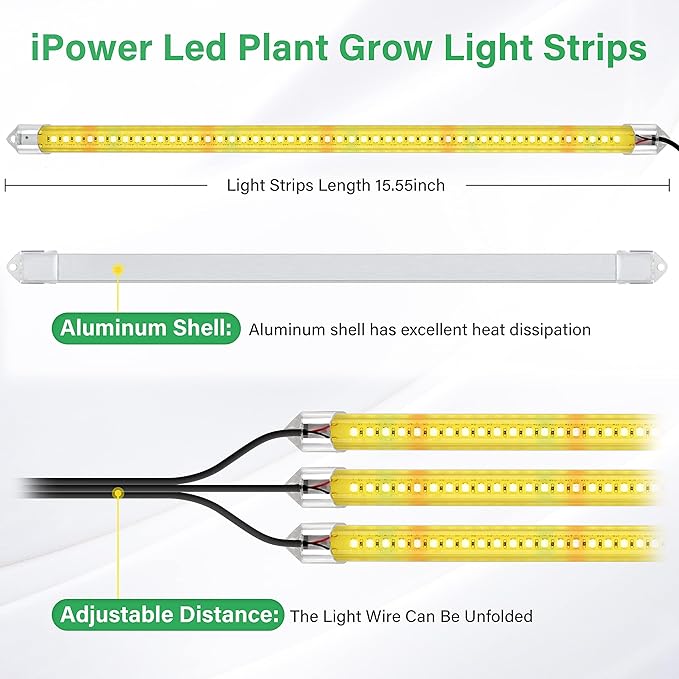 iPower 40W LED Plant Grow Light Strips Full Spectrum for Indoor Plants with Auto ON/Off 3/9/12H Timer, 3 Tubes, Yellow