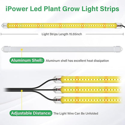 iPower 40W Full Spectrum LED Plant Grow Light Strips for Indoor Plants with Auto ON/Off 3/9/12H Timer, 10 Dimmable Levels 48 LEDs Per Tude, for Hydroponics Succulent, 3 Tubes, Yellow