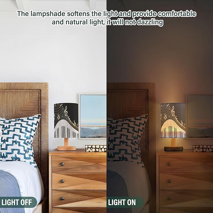 Gold Music Note with Piano Key Musical Instrument on Black Table Lamp with Wood Base Fabric Lamp Shade Bedside Nightstand Desk Lamp for Living Room Bedroom Kids Room Office