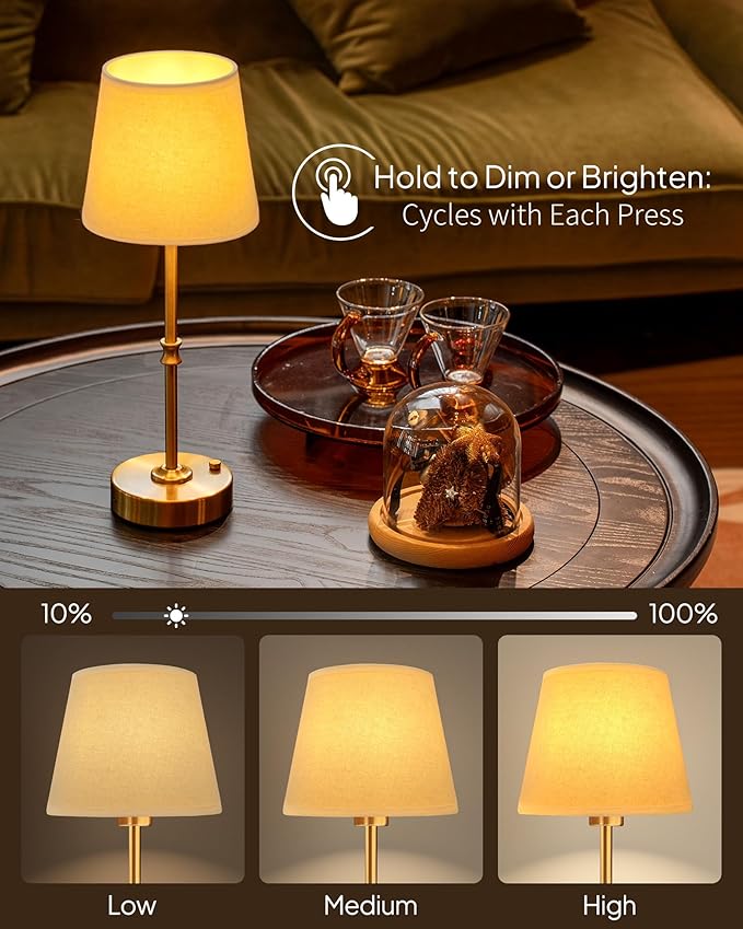 EppieBasic Cordless Table Lamp Rechargeable: Fast Charging & Long Lasting - 2700K Warm Light Small Vintage Gold Lamps - Dinning Living Room Bedroom - Beige Shade