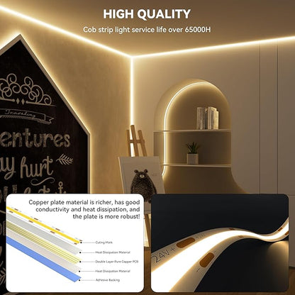 PAUTIX LED Strip Warm White 20ft/6.1m,Smart LED Strip Light Kit Compatible with Alexa/Google Assistant,Dimmable 24V 3000K COB LED Strip Light for Bedroom,Kitchen,Cabinet,Mirror,Sunroom