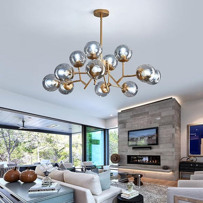 UOFUS 12-Light Glass Globe Sputnik Chandelier Mid-Century Modern Matte Gold Ceiling Light Fixture Vintage Hanging Pendant Light for Bedroom Living Room Kitchen Farmhouse Dining Room