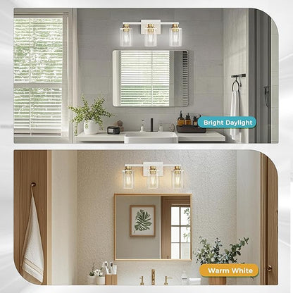 DORESshop 17 Inch Bathroom Light Fixtures, 3-Light White and Gold Bathroom Lighting Fixtures Over Mirror with Clear Glass Shade, Vanity Lights for Living Room Bedroom