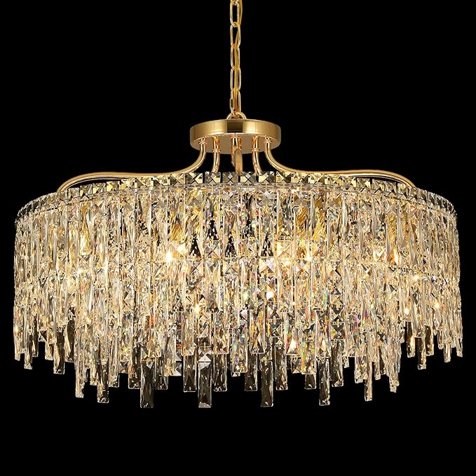 10 Lights Modern Gold Crystal Chandeliers for Dining Room Light Fixture | D28 Round Crystal Chandelier Over Table | Hanging Lighting for Living Room Kitchen Island Bedroom Bathroom