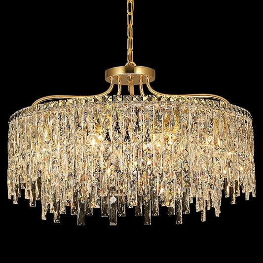 10 Lights Modern Gold Crystal Chandeliers for Dining Room Light Fixture | D28 Round Crystal Chandelier Over Table | Hanging Lighting for Living Room Kitchen Island Bedroom Bathroom