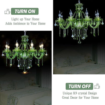 Bagood 8 Lights Green K9 Crystal Candle Chandeliers Lighting Modern Pendant Lights Candle Chandelier Lighting for Dining Living Room Bedroom Entry Elegant Decoration E12 Base, H22.8 x W27.2 Inch