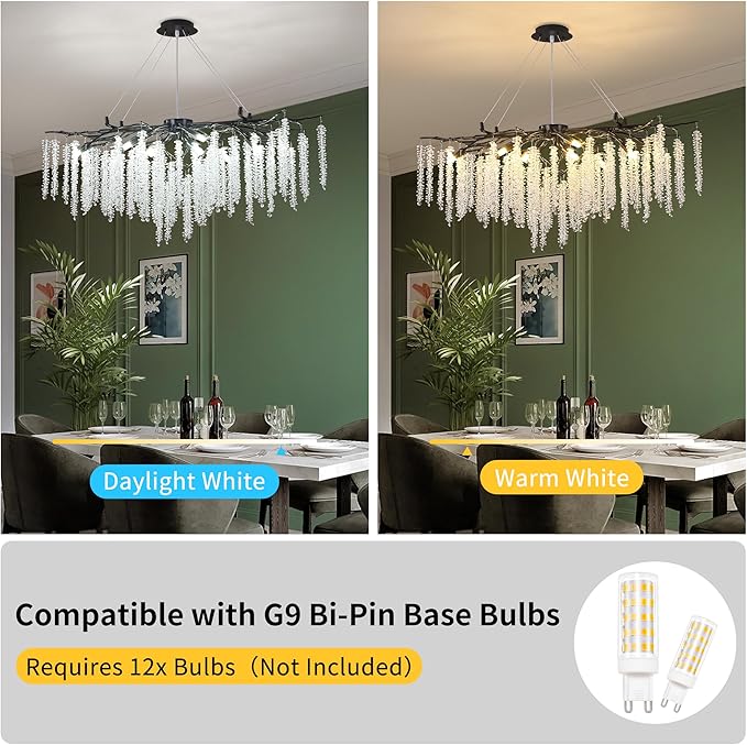 Tree Branch Chandelier L39.5 Inch Black Luxury Rectangular Crystal Raindrop Pendant Light 12 Lights Kitchen Island Hanging Light Fixture for Living Room Dining Room Foyer Entryway
