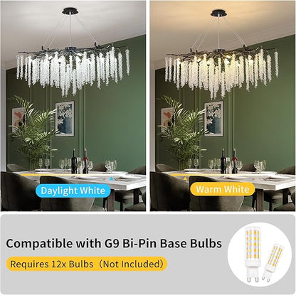 Tree Branch Chandelier L39.5 Inch Black Luxury Rectangular Crystal Raindrop Pendant Light 12 Lights Kitchen Island Hanging Light Fixture for Living Room Dining Room Foyer Entryway