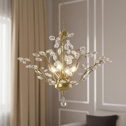 Maxax Gold Crystal Chandelier, 4-Light K9 Crystal Pendant Light, Adjustable Electroplated Ceiling Fixture for Dining Room, Living Room, Bedroom, and Foyer, 18.1" D x 58" H
