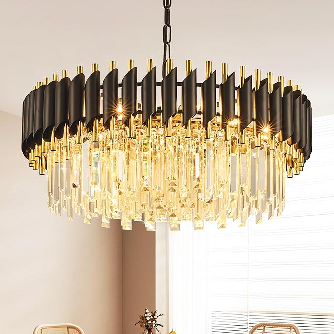 Black and Gold Crystal Chandelier Contemporary 24" with 5-Tier Modern Living Room Chandeliers K9 Crystal Ceiling Lights Fixtures for Dining Room Living Room Bedroom Foyer