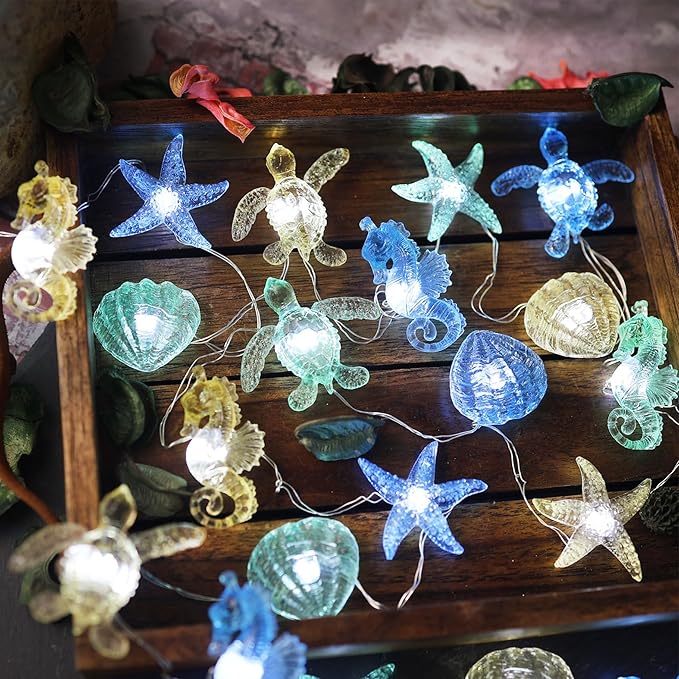 Nautical String Lights Sea Life Ocean Fairy Lights Plug in or Battery Operated Beach Decoration for Bedroom Turtle Seahorse Clam Starfish Marine Life String Lights 30LED 10ft Christmas Window Decor