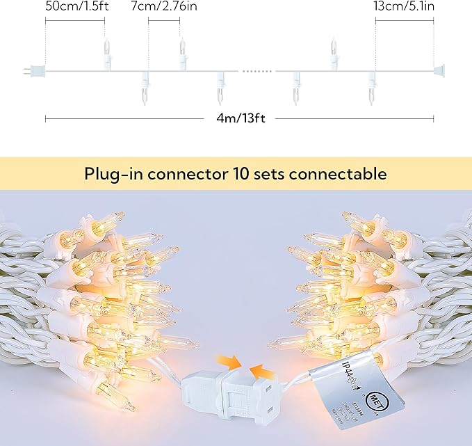 Clear Christmas Lights Set with White Wire,50Count 13Feet Incandescent Bulb Mini String Lights for Indoor Christmas Tree Garland Birthday Wedding Party Festival Decoration, Warm White