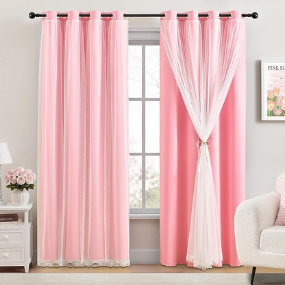 XiDi Pink Curtains Blackout 84 Inches Long for Girls Bedroom Living Room 2 Panels Grommet Thermal Insulated Double Layer Cute Girly Nursery Curtains with Sheer Overlay for Kids Princess W52XL84