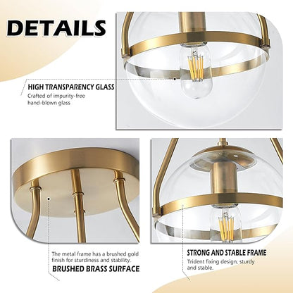 Bagood 8 Inch Mid Century Ceiling Light Modern Gold Semi Flush Mount Ceiling Light with Clear Glass Shade Globe Semi Flush Mount Ceiling Light Fixture for Bedroom Hallway Bathroom Foyer (Bulb Incl.)