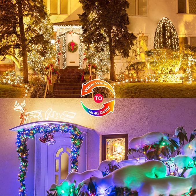 JMEXSUSS 2 Pack Solar Christmas Lights Outdoor Waterproof, 100 LED 33ft Warm White and Multicolor Color Changing Solar Fairy Lights, Copper Wire Solar String Lights for Outside Christmas Decorations