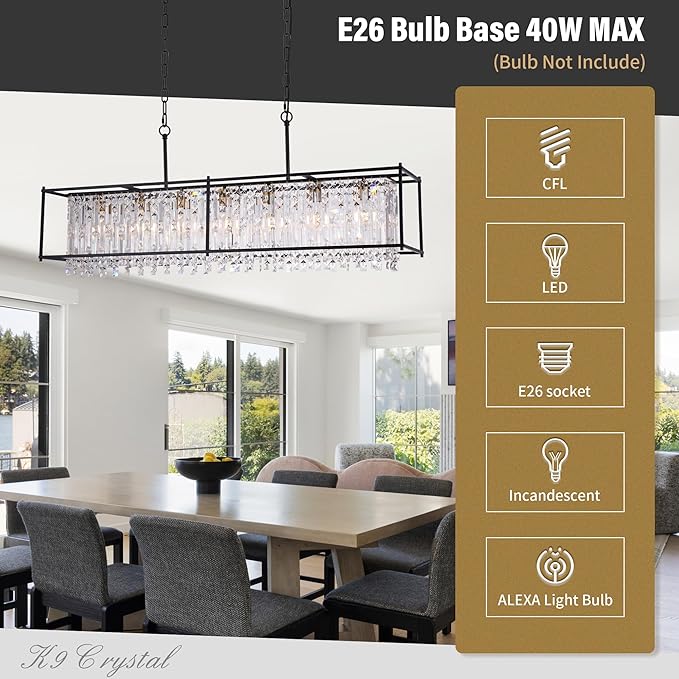Modern Black Crystal Chandeliers For Dining Room, 50" Large Rectangle Water Ripple Glass Pendant Elegant Linear Lighting for Kitchen Island Dining Room LivingRoom Flat Inclined Ceiling,L50 x W11 x H19