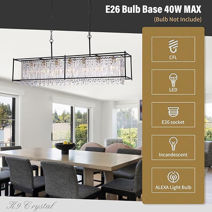Modern Black Crystal Chandeliers For Dining Room, 50" Large Rectangle Water Ripple Glass Pendant Elegant Linear Lighting for Kitchen Island Dining Room LivingRoom Flat Inclined Ceiling,L50 x W11 x H19