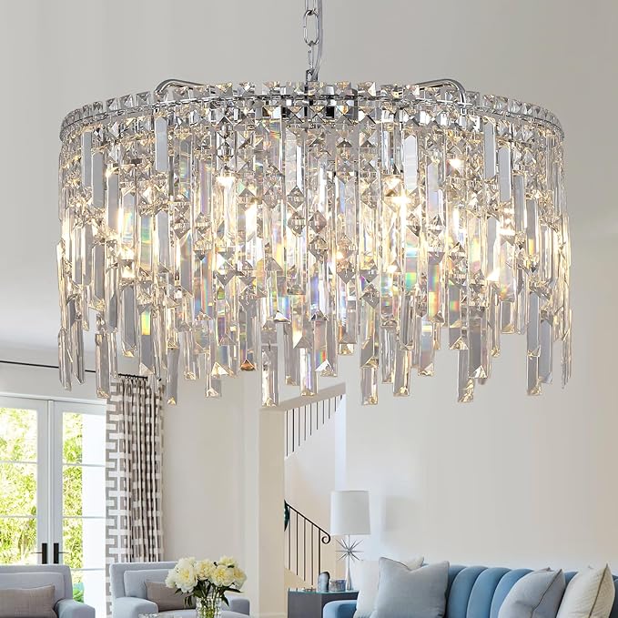 A AXILIXI Crystal Chandelier, 24" Modern Round Chandelier for Dining Room, K9 Large 8-Light Crystal Pendant Fixtures Raindrop Luxury Pendant Ceiling Light Chrome for Entryway Foyer Staircase