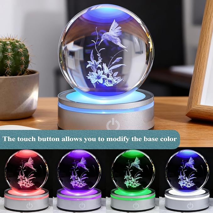 Hummingbird Gifts, 3D Hummingbird 3.15 Inch (80mm) Crystal Ball Lamp with Battery Powered, RGB Color Light for Birthday Xmas Cool Upgraded Bird Figurines Gifts for Room Decor Boys Girls