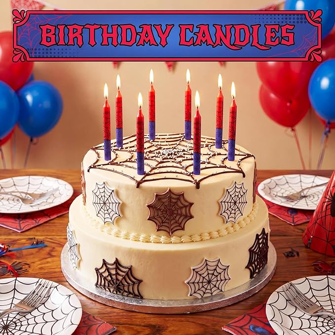 Conelist 12 Pcs Spider Themed Birthday Candles Cartoon Red Blue Birthday Decorations Movie Cake Toppers for Spider Themed Party Supplies