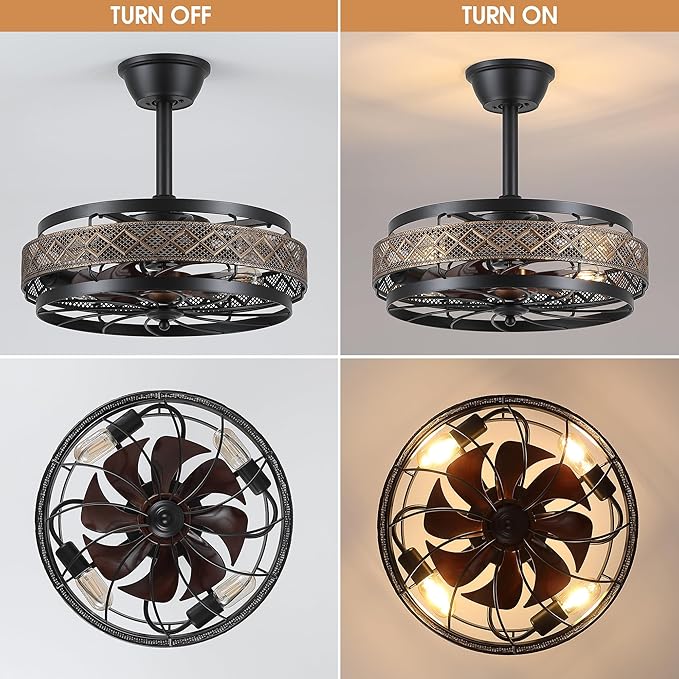 SHIHOT 18" Black Caged Ceiling Fan with Lights, Bladeless Industrial Ceiling Fan with Remote, 6 Speeds, Farmhouse Ceiling Fan Light Fixture for Kitchen, Bedroom(Bulbs Not Included)