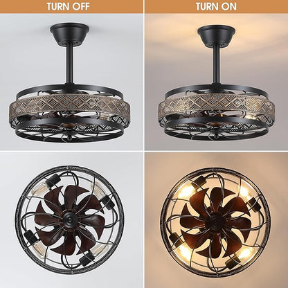 SHIHOT 18" Black Caged Ceiling Fan with Lights, Bladeless Industrial Ceiling Fan with Remote, 6 Speeds, Farmhouse Ceiling Fan Light Fixture for Kitchen, Bedroom(Bulbs Not Included)