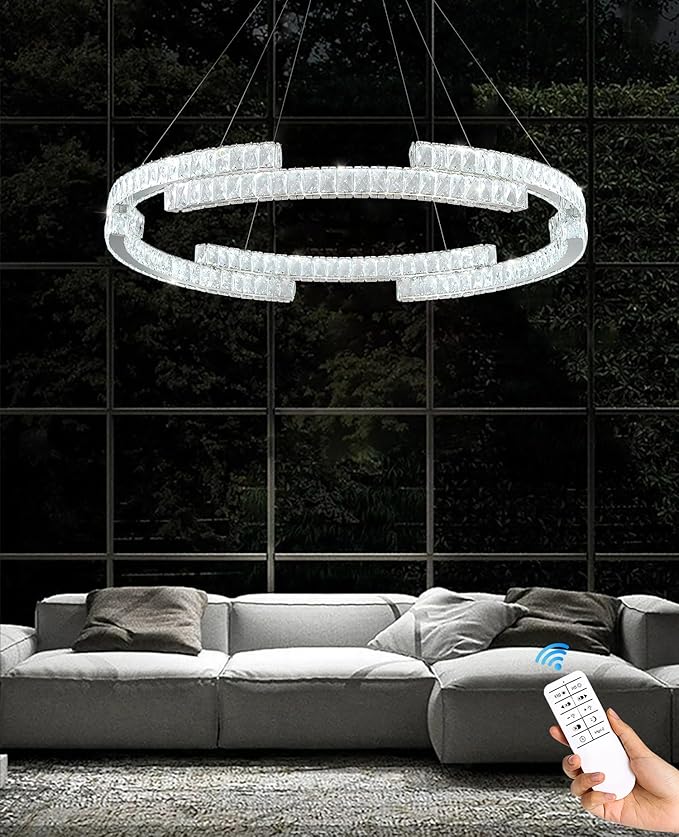 Modern Crystal Chandelier Dimmable LED Ring Pendant Light Adjustable Led Ring Chandelier 1 Ring for Dining Room Living Room 40inch Silver