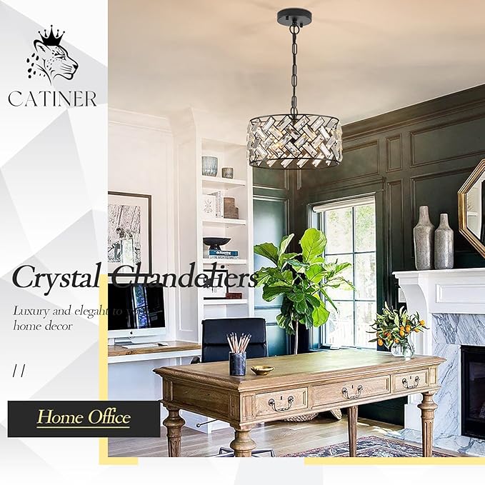 CATINER Small Black Crystal Chandelier 12", Modern 4-Light Ceiling Light, Semi Flush Mount or Hanging Pendant with Adjustable Height for Kitchen Island, Entryway, Hallway