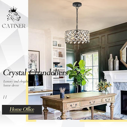 CATINER Small Black Crystal Chandelier 12", Modern 4-Light Ceiling Light, Semi Flush Mount or Hanging Pendant with Adjustable Height for Kitchen Island, Entryway, Hallway