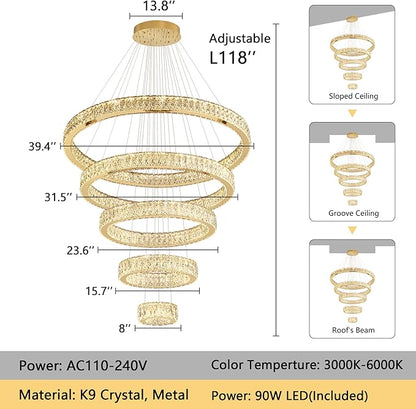 Modern High Ceiling Crystal Chandelier 90W Dimmable LED Chandeliers with Remote Luxury Height Adjustable Large Lighting Fixtures for Living Room Staircase Foyer Gold