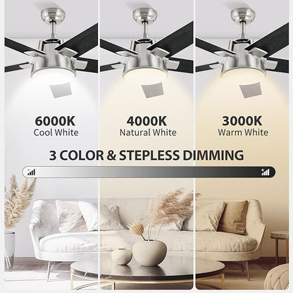 YITAHOME Ceiling Fan with Light and Wall Switch Remote, 52 Inch Modern Black Fan, Quiet Reversible Motor, Dimmable LED 3-Color, Memory Function for Bedroom Living Room