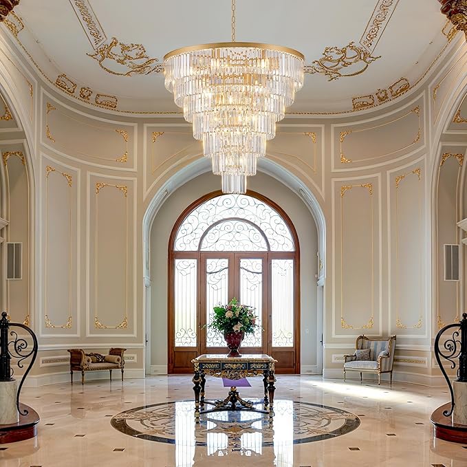 Large Crystal Chandelier Modern Gold 36" Round Chandeliers for Staircase 22 Lights 7-Tier Luxury K9 Crystal Ceiling Pendant Light Fixture for High Ceiling Living Room Foyer