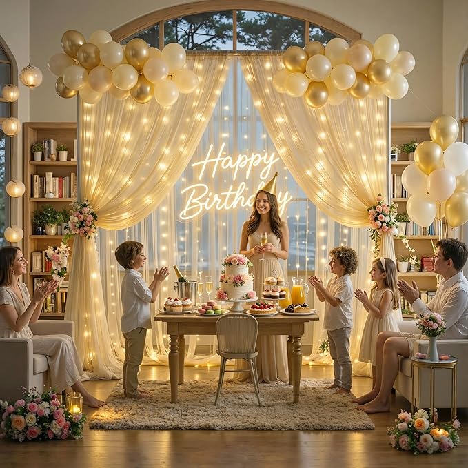 10×15ft Champagne Tulle Backdrop Curtain with Lights String for Parites Sheer Fabric Backdrop Curtains for Wedding Baby Shower Birthday Party Backdrop Drapes Bridal Shower Photo Shoot Background