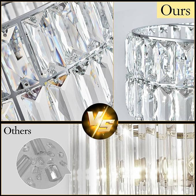 24'' Luxury Chrome Crystal Chandelier 8-Lights Modern Semi Flush Mount Ceiling Light Fixtures Round Crystal Pendant Chandeliers for Living Room Dining Room Kitchen Foyer Bedroom