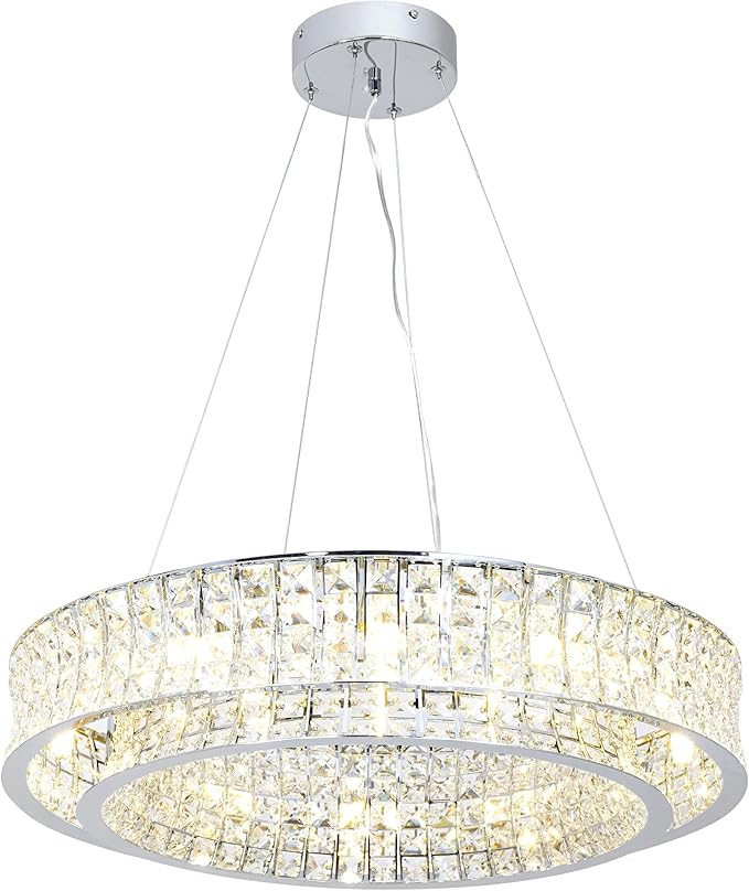 Modern Crystal Chandelier Round 12-Light Contemporary Hanging Ceiling Light Fixture Chrome Finish with Clear Rectangular Crystals Dining Room Living Room Bedroom Entryway Lighting Easy Install 24''