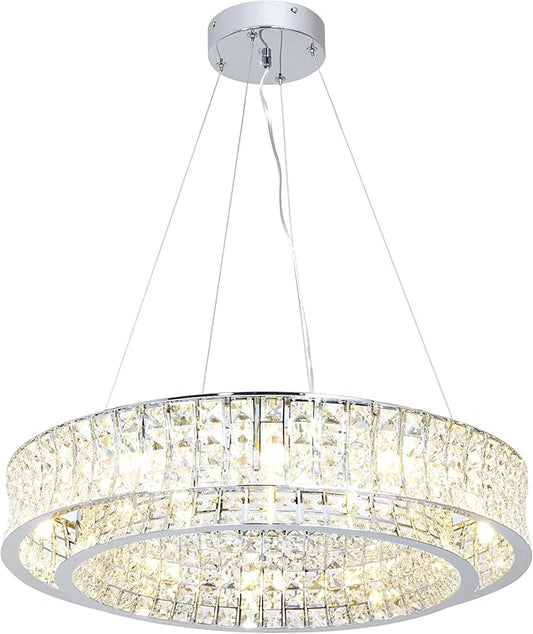 Modern Crystal Chandelier Round 12-Light Contemporary Hanging Ceiling Light Fixture Chrome Finish with Clear Rectangular Crystals Dining Room Living Room Bedroom Entryway Lighting Easy Install 24''
