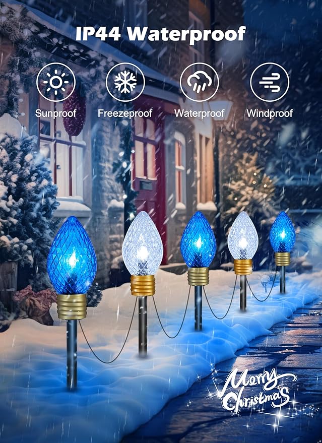 Strawberry Jumbo C9 Christmas Pathway Lights Outdoor - 2Pack Total 17FT 10 LED C9 Walkway Light, Christma Decoration Outside,Christmas Lights Outdoor for Lawn Yard Holiday, Blue & Pure White