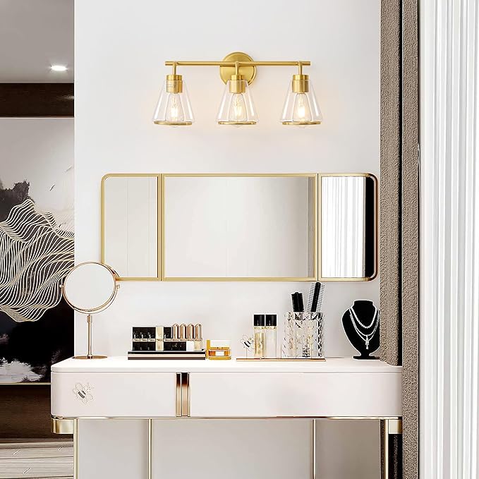Gold Vanity Light - Bathroom Light Fixtures Over Mirror, 3 Lights Fixture, Clear Glass Shade, 22 inch Modern Wall Sconce for Bathroom, Bedroom