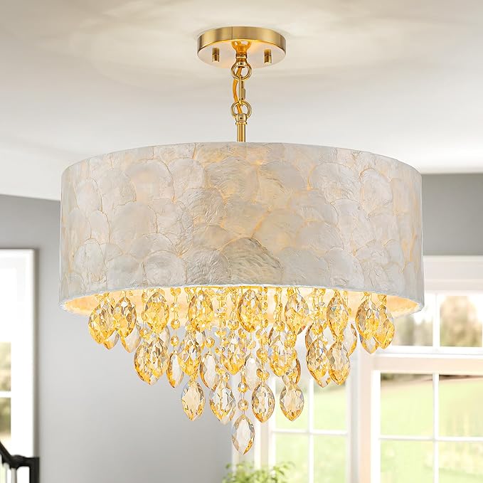4-Light Drum Capiz Shell Crystal Chandelier, Coastal Style Pendant Light Fixture for Dining Room, Living Room, D18 x H21~68 inch (Height Adjustable), Champagne Crystal & Gold Finish