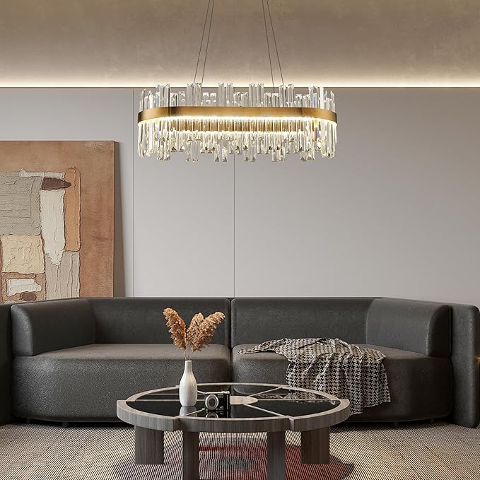 Gold Modern Crystal Led Chandelier: 39.3" Dimmable K9 Crystals Chandeliers over Table - Golden Luxury Glass Rectangle Chandelier - Height Adjustable Chandeliers with Remote for Dining Room Living Room
