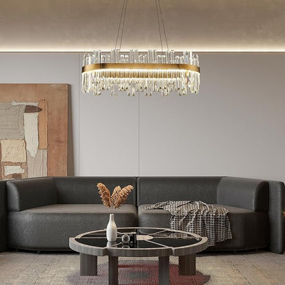 Gold Modern Crystal Led Chandelier: 39.3" Dimmable K9 Crystals Chandeliers over Table - Golden Luxury Glass Rectangle Chandelier - Height Adjustable Chandeliers with Remote for Dining Room Living Room